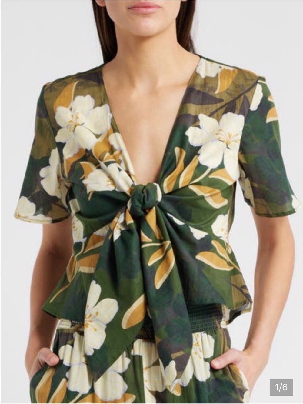 Rails Floral Tie-Front V-Neck Top in Olive and Cream